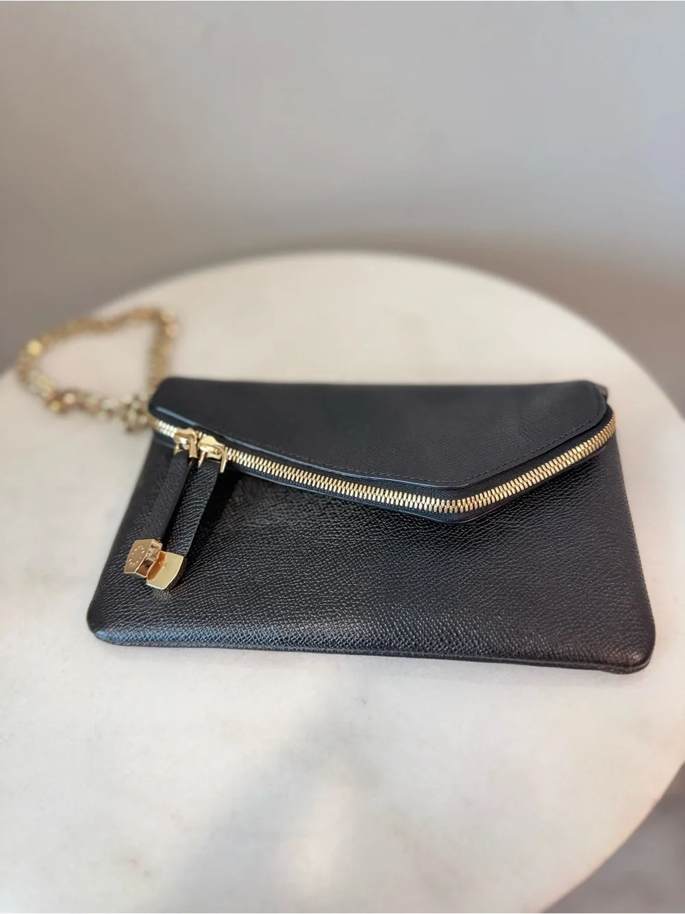 henri bendel Black Leather Clutch with Gold Chain Strap